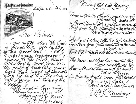 Letter and Poem to William Robson from W P Andrews, 